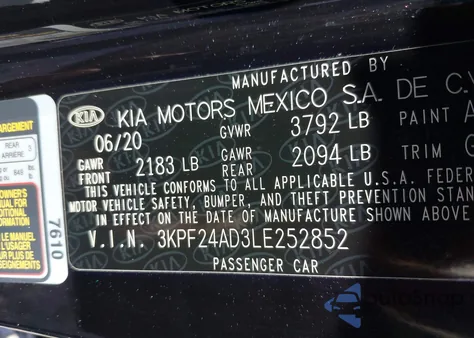 2020 Kia Forte Lxs z USA, uszkodzony, nr VIN 3KPF24AD3LE252852